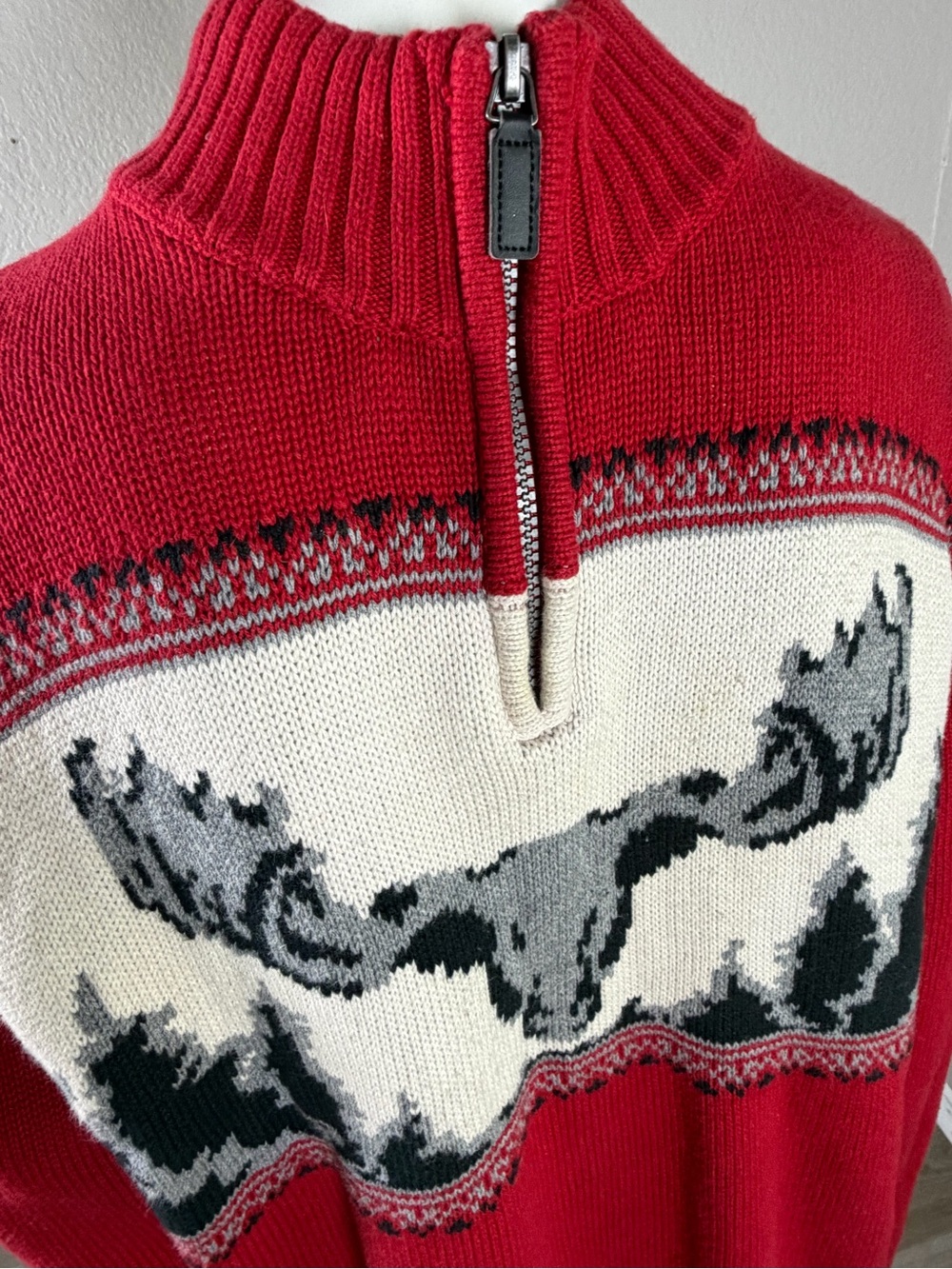CHAPS Mens Fair Isle Moose Quarter Zip Sweater Red Nordic Ski Lodge Large - Picture 5 of 7